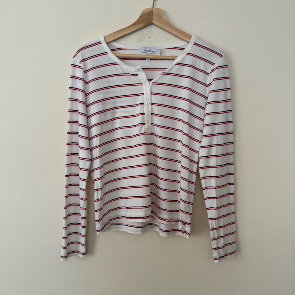 La Ligne Pima Cotton and Modal Blend Red, White and Blue Striped Henley Size XS
